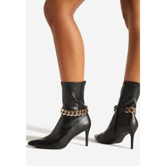 NIB Black Faux Leather Chain Link Pointed Toe Booties - Picture 6 of 8